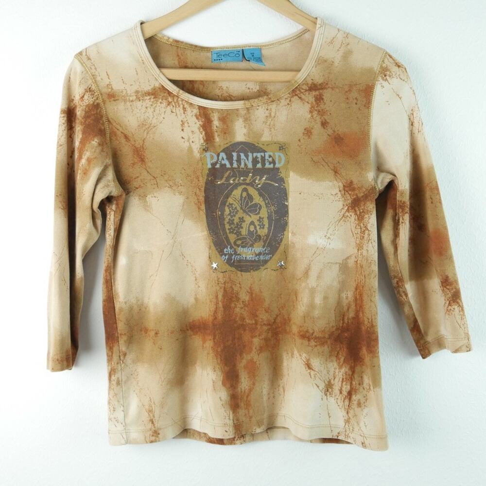 Vintage Y2K Western Shirt Tie Dye Rhinestone Embellished Tee Medium Artsy Boho